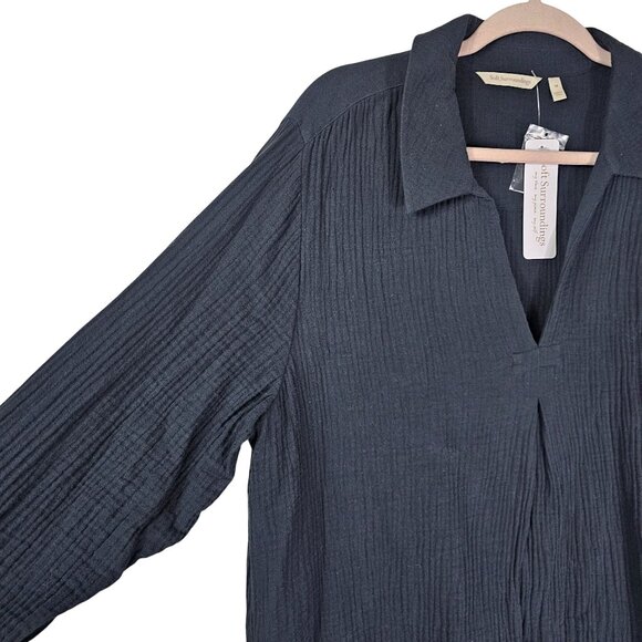 Soft Surroundings Cotton Gauzy Tunic 1X VNeck Collared Pleated Relaxed Lagenlook - Picture 10 of 10